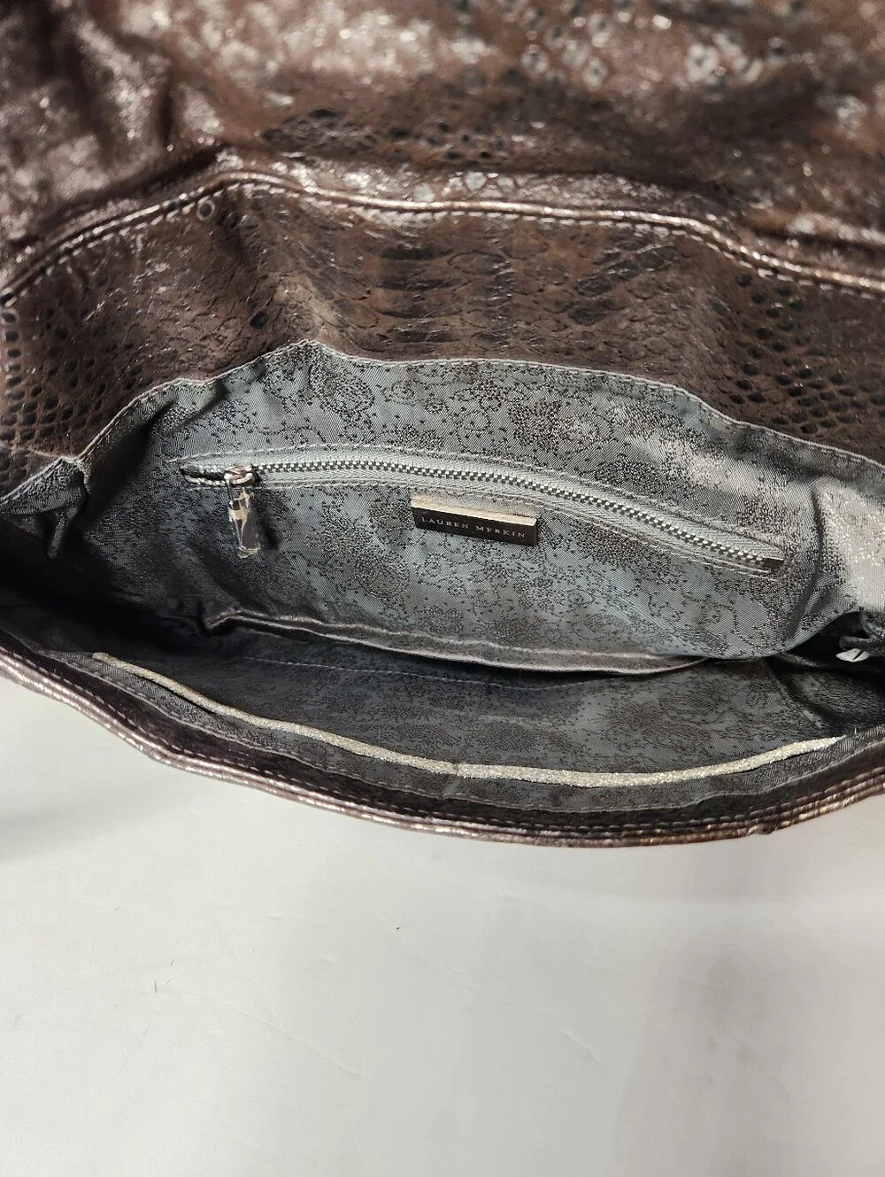 Lauren Merkin Brown Metallic Reptile Snake Print Leather Shoulder Bag